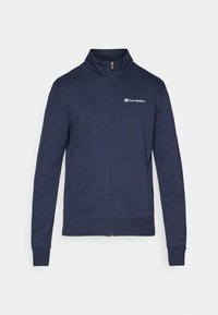 Μπουφάν σε σκούρο μπλε χρώμα με φερμουάρ, φτιαγμένο από απαλό ύφασμα, με ψηλό γιακά, ριμπ μανσέτες και τελείωμα, και λευκό λογότυπο Champion στο στήθος.