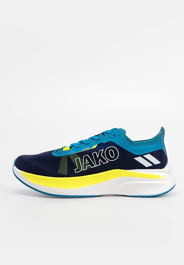 Blaue und marinefarbene Laufschuhe mit gelber Sohle. Verfügen über ein strukturiertes Obermaterial, eine dicke weiße Zwischensohle und grüne sowie weiße Akzente, einschließlich Logo.
