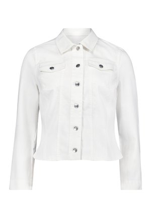 Veste en denim blanche à manches longues, fermeture à boutons sur le devant, col et deux poches poitrine à boutons.