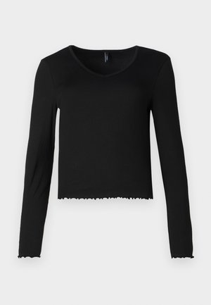 Schwarzes langärmliges V-Neck-Top aus ribbed Textur, das ein kurzes Design mit gewelltem Saum ohne sichtbare Hardware aufweist.