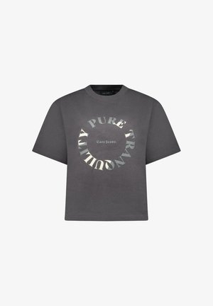 Grijs katoenen T-shirt met een losse pasvorm, voorzien van een ronde grafische tekstontwerp in contrasterende kleuren. Label: Cars Jeans. Korte mouwen.