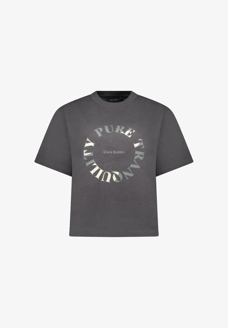 Grijs katoenen T-shirt met een losse pasvorm, voorzien van een ronde grafische tekstontwerp in contrasterende kleuren. Label: Cars Jeans. Korte mouwen.