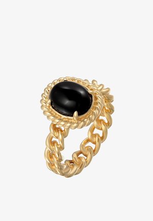 Bague en plaqué or ornée d'une grande pierre noire ovale, entourée d'un motif de corde texturé et d'un large anneau en maillons.