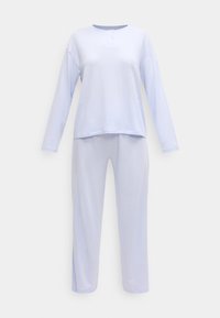 Svetlo vijoličen komplet za počivanje z dolgo majico z ovratnikom henley in ujemajočimi hlačami. Mehka, gladka tkanina z udobnim krojem.
