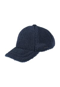 Cappello blu marino realizzato in materiale texturizzato e morbido. Presenta una visiera curva e un piccolo dettaglio metallico sul lato.