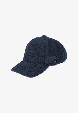 Tamsiai mėlyna kepurė, pagaminta iš purios tekstūros medžiagos. Su apvaliu kraštu ir mažu metaliniu akcentu šone.