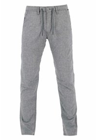 Gray textured pants with a drawstring waist, side pockets, and a relaxed fit. The fabric has a subtle woven pattern.