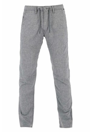 Graue, strukturierte Hose mit einem Kordelzugbund, seitlichen Taschen und einer lockeren Passform. Der Stoff hat ein dezentes Gewebemuster.