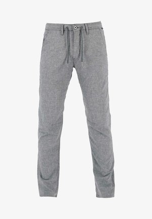 Graue, strukturierte Hose mit einem Kordelzugbund, seitlichen Taschen und einer lockeren Passform. Der Stoff hat ein dezentes Gewebemuster.