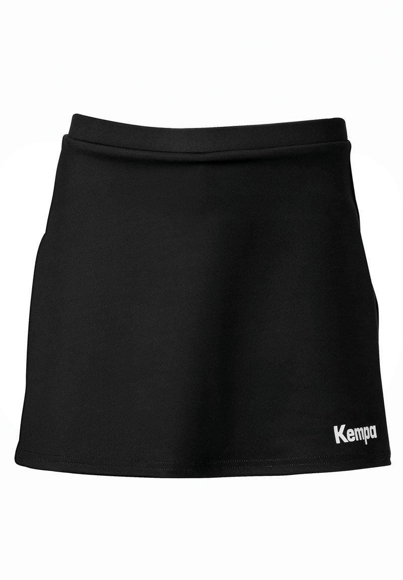 Falda deportiva negra hecha de tejido suave, con una cintura ajustada y un dobladillo recto, con un logotipo blanco de "Kempa" en la parte delantera.
