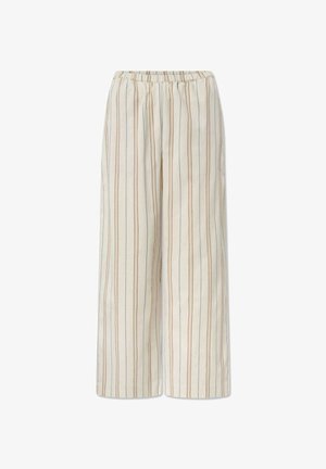 Pantalons larges couleur crème avec des rayures verticales bleues et brunes. Taille élastique et tissu en coton doux et léger.