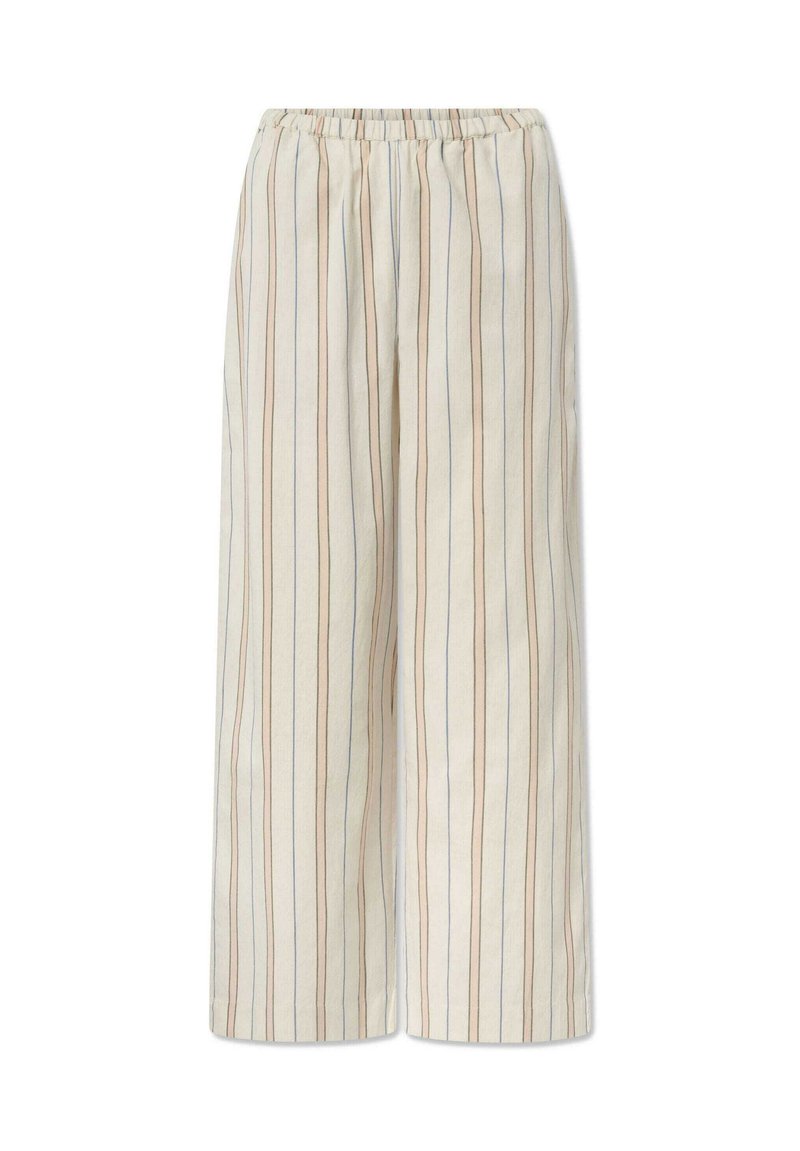 Crèmekleurige, wijd uitlopende broek met verticale strepen in blauw en bruin. Elastische tailleband en zachte, lichtgewicht katoen.