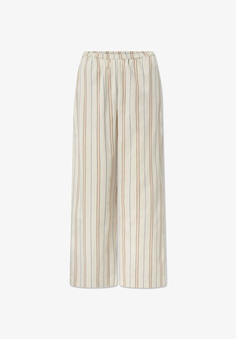 Crèmekleurige, wijd uitlopende broek met verticale strepen in blauw en bruin. Elastische tailleband en zachte, lichtgewicht katoen.