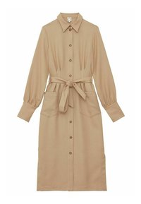 Robe beige à manches longues avec un col, fermeture à boutons, ceinture à nouer à la taille et deux poches avant. Tissu lisse avec un léger brillant.