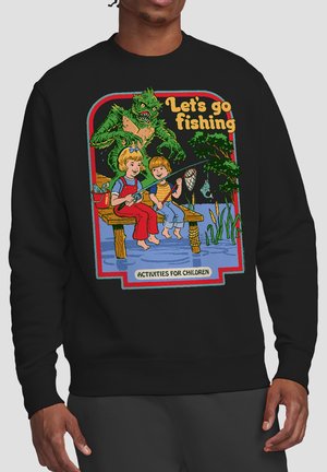 Zwei Kinder angeln auf einem Steg, im Hintergrund lauert ein grünes Monster; Text lautet "Lasst uns angeln gehen" und "Aktivitäten für Kinder."