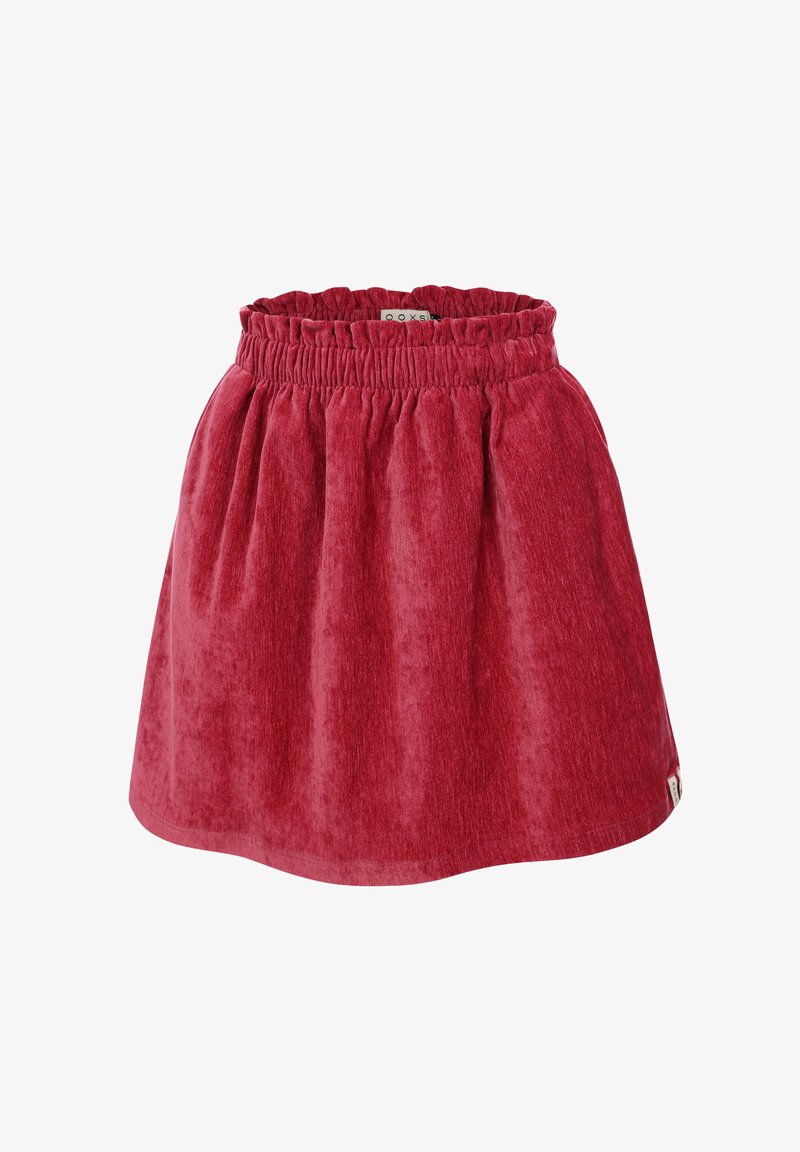 Rode fluwelen rok met een elastische tailleband en een iets uitlopende silhouet.