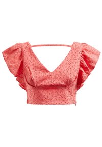 Haut court corail avec manches bouffantes, col en V, broderie florale et détail de lanière dans le dos. Confectionné dans un tissu texturé.