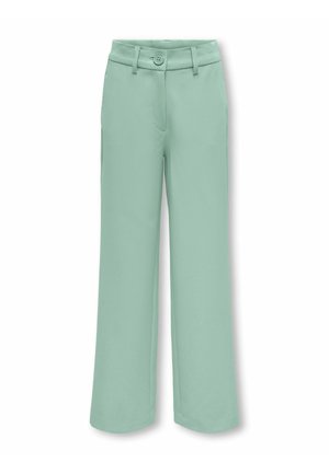 Pantaloni cu picior larg și talie înaltă, de culoare verde deschis, cu închidere cu nasturi, curele pentru centură și un design frontal neted.