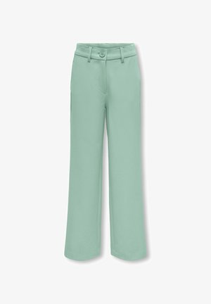 Pantaloni a gamba larga, vita alta, di colore verde chiaro con chiusura a bottone, passanti per cintura e design frontale liscio.