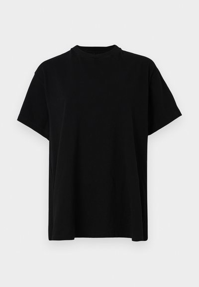 Black short-sleeve t-shirt made of cotton. Features a crew neckline and a loose fit, with a smooth texture and no visible logos or patterns.
