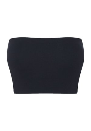 Czarny top bandeau bez ramiączek z gładkiego, elastycznego materiału i bezszwowym wykończeniem. Kształt jest prostokątny, bez dodatkowych akcentów czy wzorów.