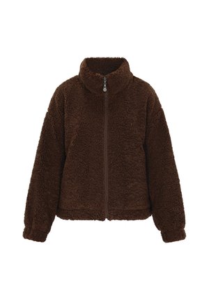 Bruine fleece jas met een hoge kraag, ritssluiting en een gestructureerd, pluizig oppervlak. Heeft brede mouwen en een ontspannen pasvorm.
