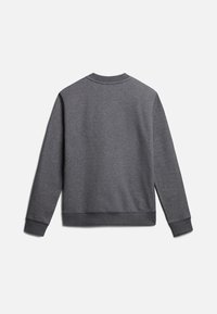 Sudadera gris con cuello redondo, puños y dobladillo acanalados. Fabricada con un tejido suave, presenta una textura lisa y un diseño simple y minimalista.