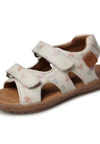 Sandali per bambini in pelle bianca con motivi a cuori multicolore, dotati di due fascette in Velcro e un accento marrone sui lati.