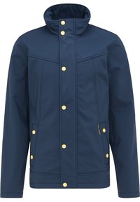 Marinblå jacka i slätt tyg, med hög krage, guldknappar och två sidfickor med en subtil märkesetikett.