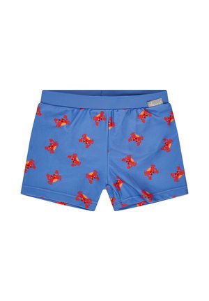 Blue children's swim shorts with red cartoon crab pattern and elastic waistband.