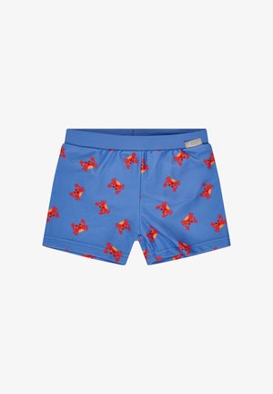 Blaue Kinder-Badeshorts mit rotem Cartoon-Krabbenmuster und elastischem Bund.