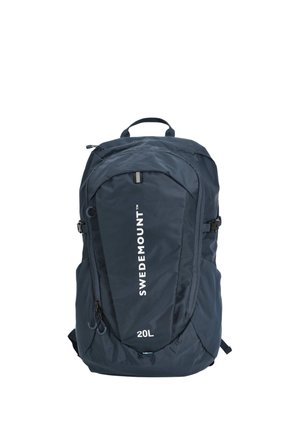 Dark blue 20L Swedemount backpack with front zipper pocket, side compression straps, and top carrying handle against white background.
