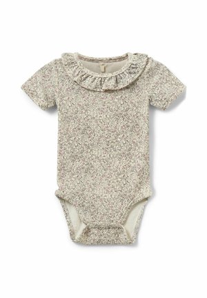 Vauvan bodysuit kukkakuvioilla, jossa on lyhyet hihat ja röyhelökaulus, hillityissä beigen ja vaaleanpunaisen sävyissä.