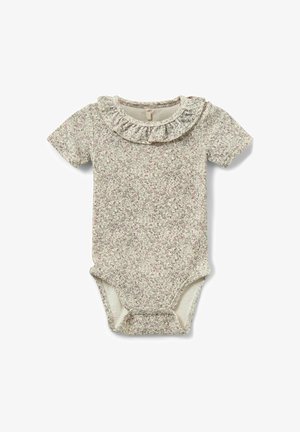 Detské body s krátkym rukávom a volánovým golierom s kvetinovým vzorom v tlmených béžových a ružových tónoch.