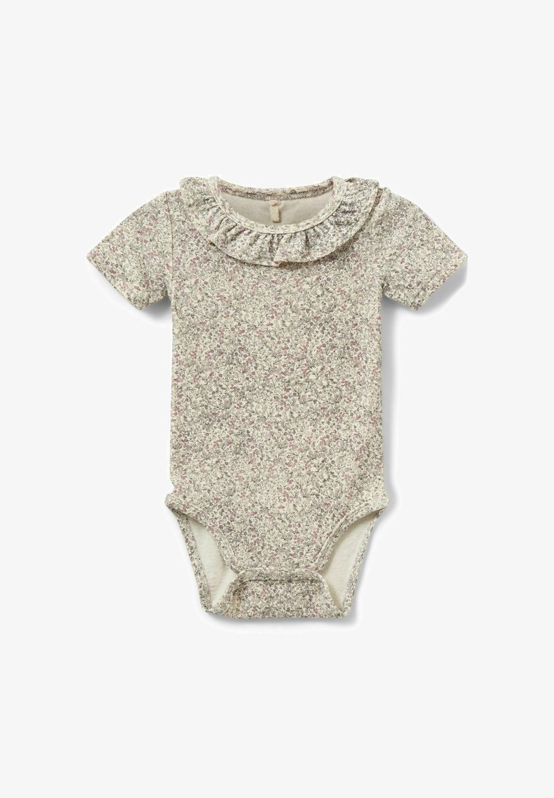 Body bébé à motifs floraux avec manches courtes et col à volants dans des tons beiges et roses doux.