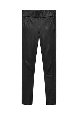 Black faux leather pants with a slim fit, featuring side pockets and a smooth texture. The waistband is elastic for comfort.