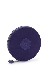 Round purple nylon coin pouch with a textured surface, zipper closure, and a central logo patch. Features a small zipper pull.