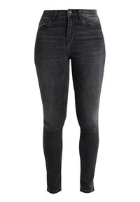 Jean skinny noir taille haute en denim avec une finition délavée, doté d'un design classique à cinq poches et d'une fermeture avant par bouton.