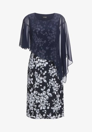 Marineblaues Kleid mit floralem weißen Muster, mit einer durchsichtigen Überlage und kurzen Ärmeln. Rundhalsausschnitt und knielanger Saum.