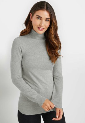 Light gray turtleneck sweater made of soft knit fabric. Features long sleeves and a fitted design with ribbed cuffs and hem.