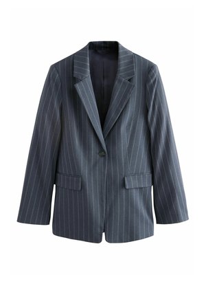 Blazer gris foncé à fines rayures avec revers crantés, manches longues, deux poches avant à rabat et fermeture à un seul bouton.