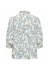 Blouse blanche avec imprimé floral bleu, manches longues bouffantes avec poignets froncés et petit détail de volant au col, vue de dos.