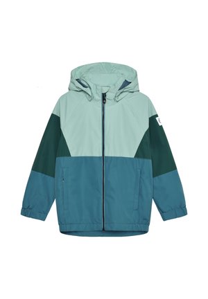 Kapuzensweatjacke in Hellblau und Dunkelgrün mit Frontreißverschluss, elastischen Bündchen und zwei Seitentaschen. Das Material ist leicht und glatt.