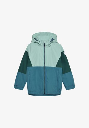 Kapuzensweatjacke in Hellblau und Dunkelgrün mit Frontreißverschluss, elastischen Bündchen und zwei Seitentaschen. Das Material ist leicht und glatt.