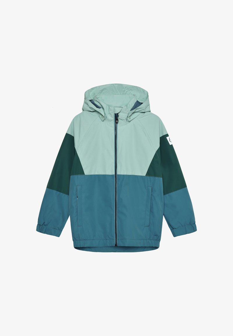 Hoodie in lichtblauw en donkergroen, voorzien van een rits aan de voorkant, elastische manchetten en twee zijzakken. Het materiaal is licht en glad.