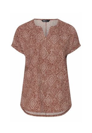 Braune Bluse mit kurzen Ärmeln, weißem geometrischem Diamant- und Punktemuster, V-Ausschnitt und abgerundetem Saum.