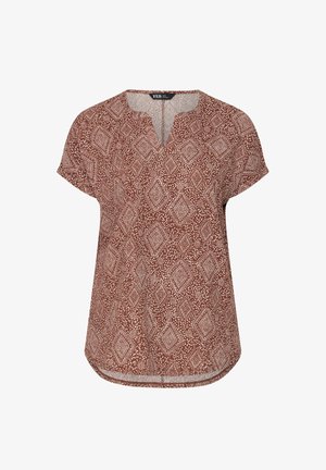 Brun kortærmet bluse med hvidt geometrisk diamant- og prikkemønster, udskæring ved halsen og afrundet kant.