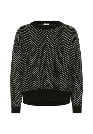 Black and white chevron patterned knitted sweater with ribbed cuffs, neckline, and hem, featuring long sleeves and a relaxed fit.