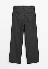 Dark gray pinstriped wide-leg trousers with belt loops and two back welt pockets laid flat.