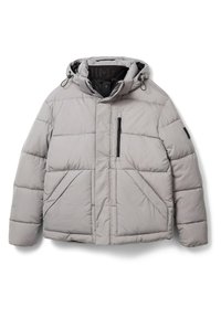 Szara pikowana kurtka z kapturem, zapinana na zamek błyskawiczny oraz zatrzaski, z dwoma kieszeniami po bokach. Charakteryzuje się czarnymi akcentami i pikowanym wzorem. Gładka w dotyku.